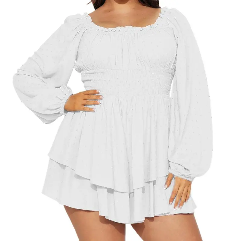 Women Plus Size Rompers Playsuits, Swiss Dot Boat Neck Off Shoulder Long Sleeve, Spring Fall Short Jumpsuits Streetwear