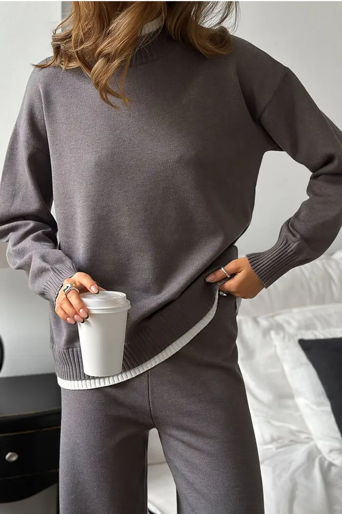 Women's Fashion Contrast Color Fake Two-piece Top & Pants Two-piece Set
