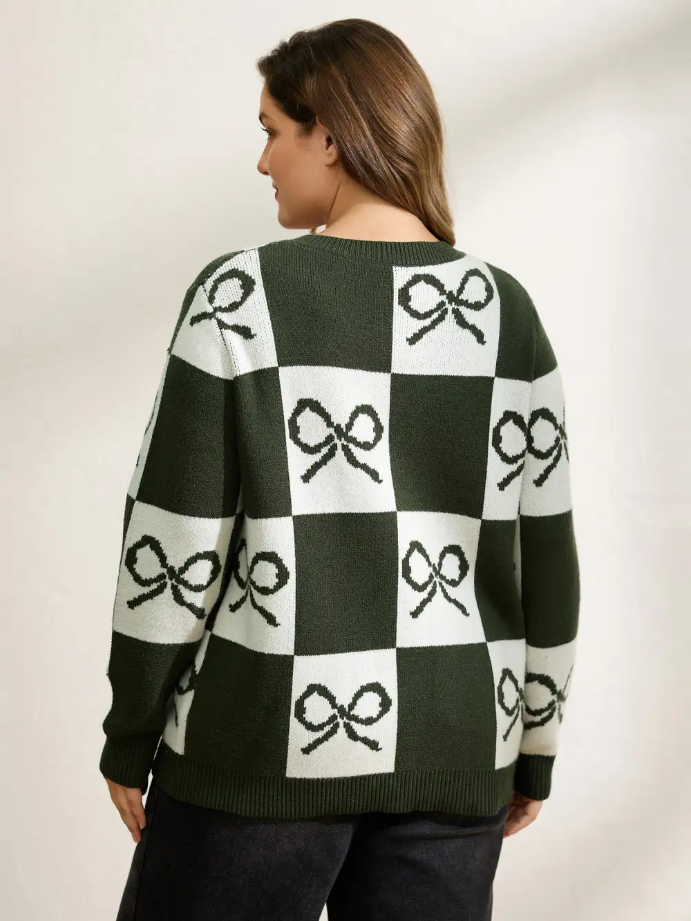 Checkered Bowknot Contrast Knit Cardigan