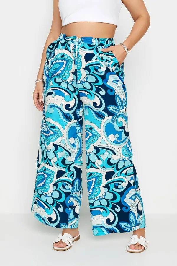 Yours Curve Black Leaf Print Drawstring Wide Leg Trousers
