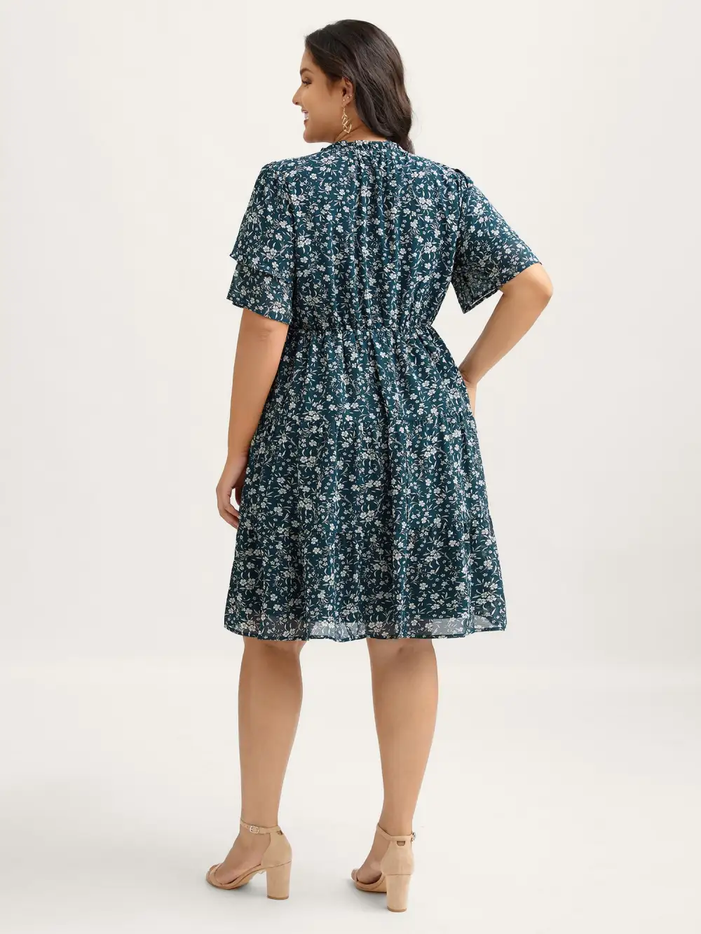 Monochromatic Floral Stretchy Waist Midi Dress