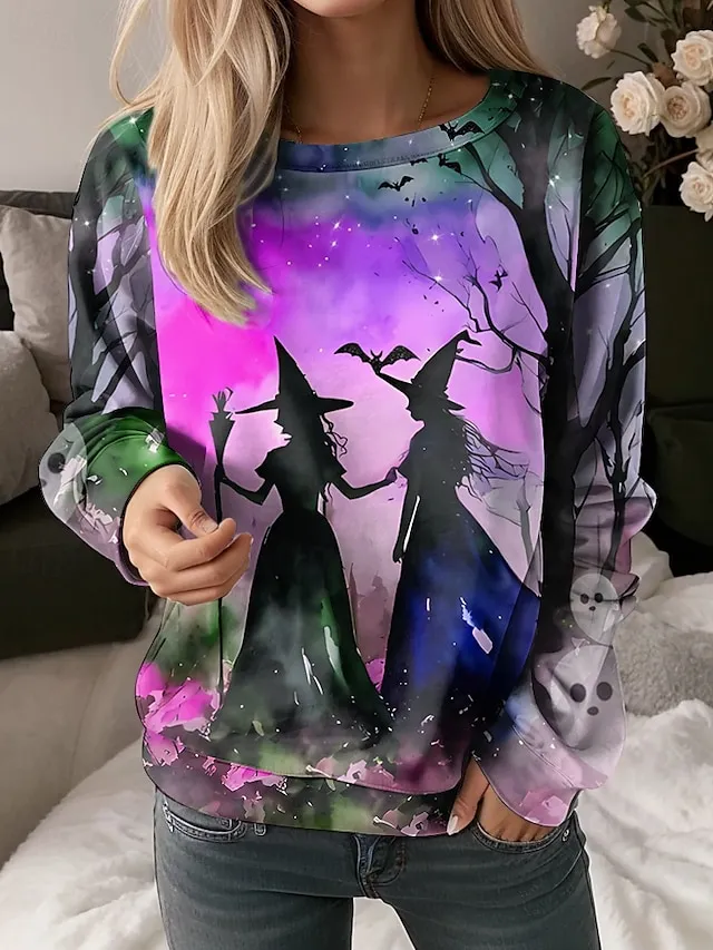 Women's Sweatshirt Halloween Witch Halloween Dailywear Print Blue Purple Orange Casual Loose Fit Crew Neck Long Sleeve Inelastic Spring Fall Winter
