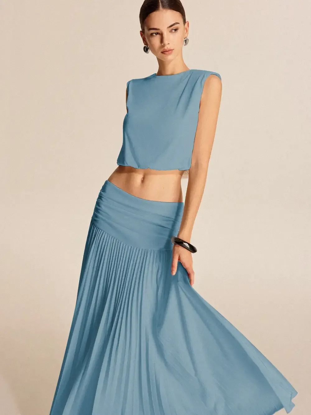 Shoulder-Padded Pleated Skirt Set