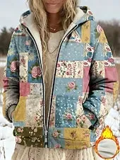 Women's Winter Coat Fleece Jacket Casual Jacket Warm Zipper Pocket Print Fashion Casual Floral Street Casual Regular Hoodie Loose Fit Long Sleeve Outerwear Blue Purple Green Spring Fall