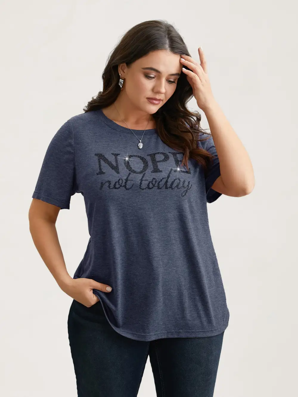 Nope Not Today Print Rhinestone Round Neck T-Shirt