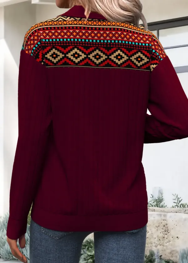 Deep Red Zipper Tribal Print Long Sleeve Sweatshirt