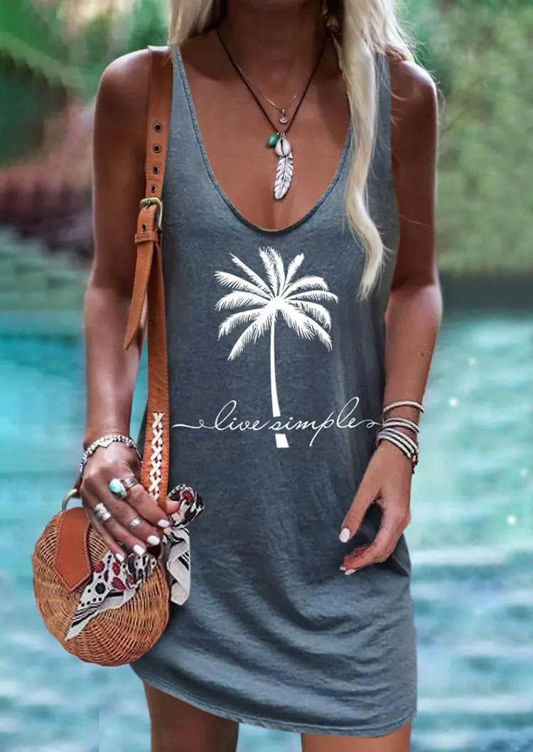 Live Simple Coconut Tree Sleeveless Mini Dress - Cyan