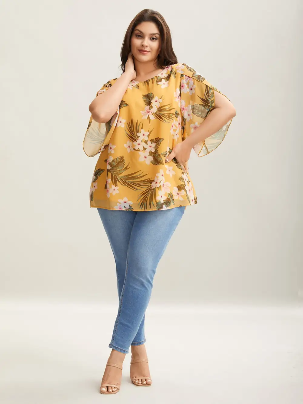Petal Sleeve Floral Round Neck Shirt