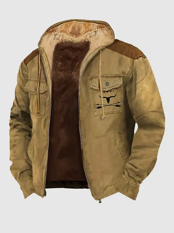 Men's Retro Tribal Print Velvet Double Pocket Zip Hooded Jacket