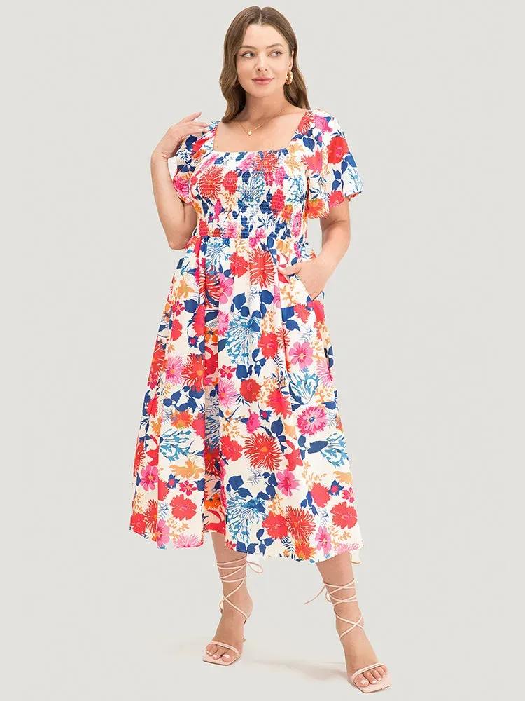 Floral Backless Shirred Square Neck Pocket Ruffle Hem Dress