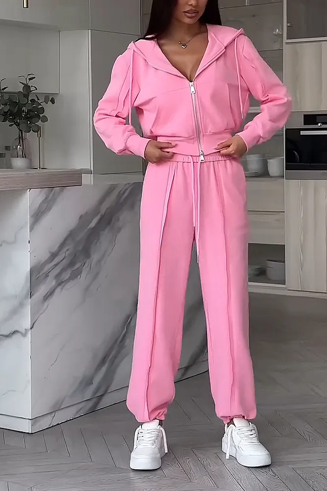 Women's Solid Color Laundry Zipper Jacket & Pants Two Piece Set
