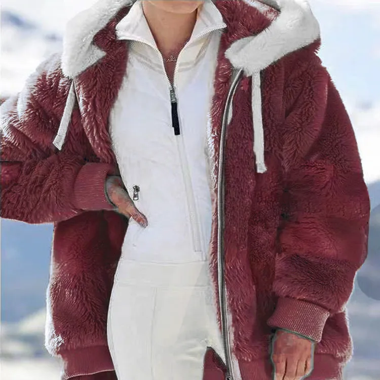 New  Long Plush  Solid Color Hooded Coat