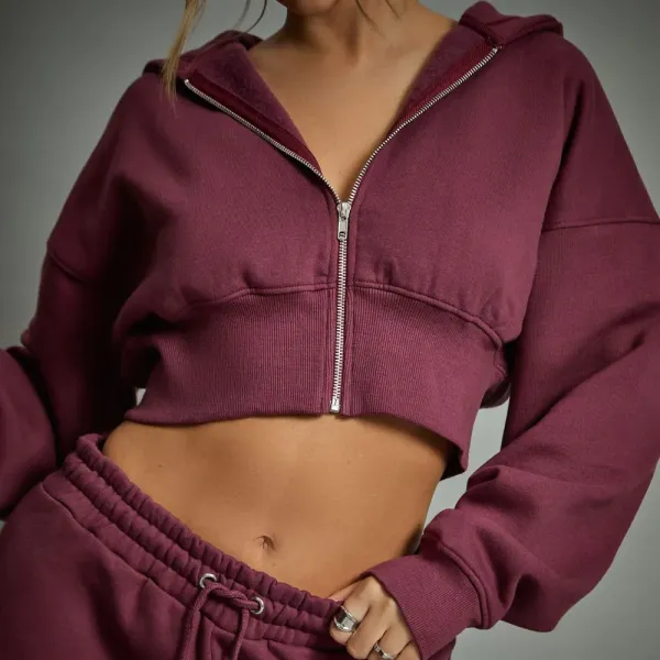 Zip Through Cropped Hoodie In Plum