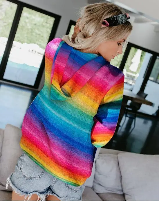 Rainbow Stripe Long Sleeve Zipper Tops