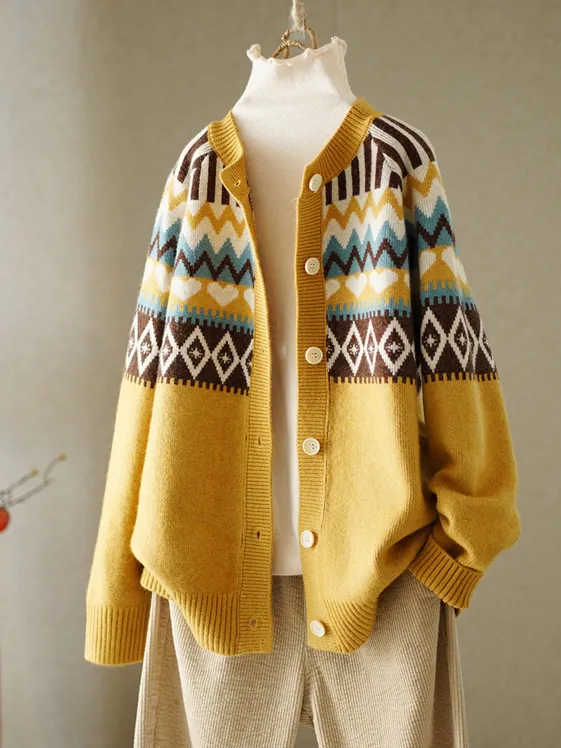 Vintage Geometric Jacquard Round Neck Button Sweater Cardigan