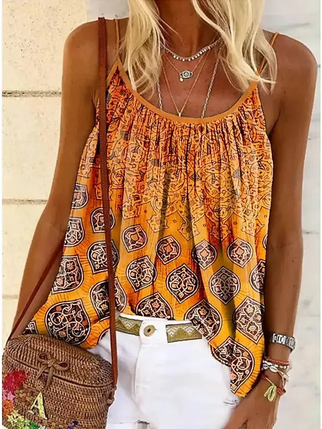 Women's Summer Tops Tank Top Pink Blue Orange Graphic Print Sleeveless Casual Weekend Basic Round Neck Regular S