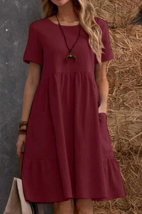 Solid Pocket Design Short Sleeve Linen Dress