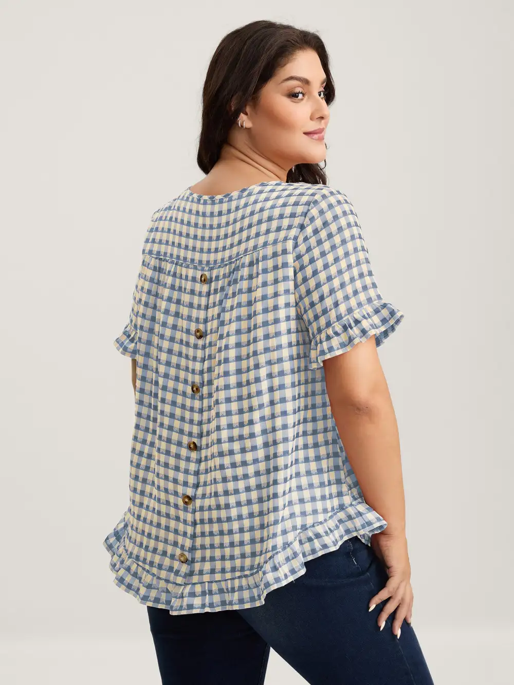 Gingham Print Button Back Blouse