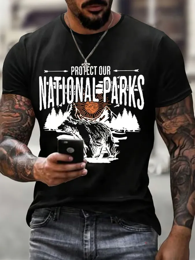 Men'S T-Shirt Men'S Protect Our National Parks Printed Crewneck T-Shirt Theme T-Shirt Pure Cotton