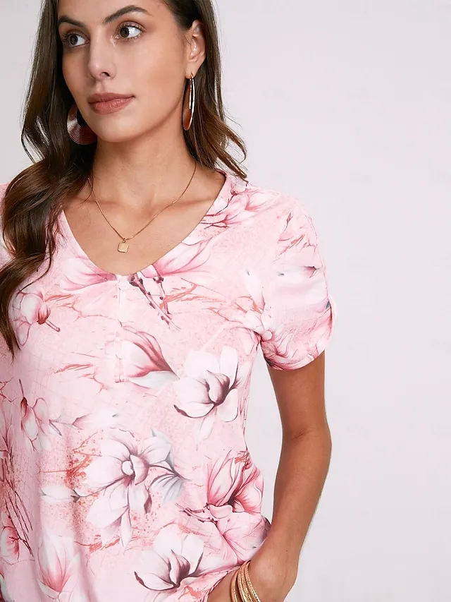 Women's T shirt Tee Henley Shirt Floral Button Cut Out Print Holiday Weekend Basic Short Sleeve V Neck Pink