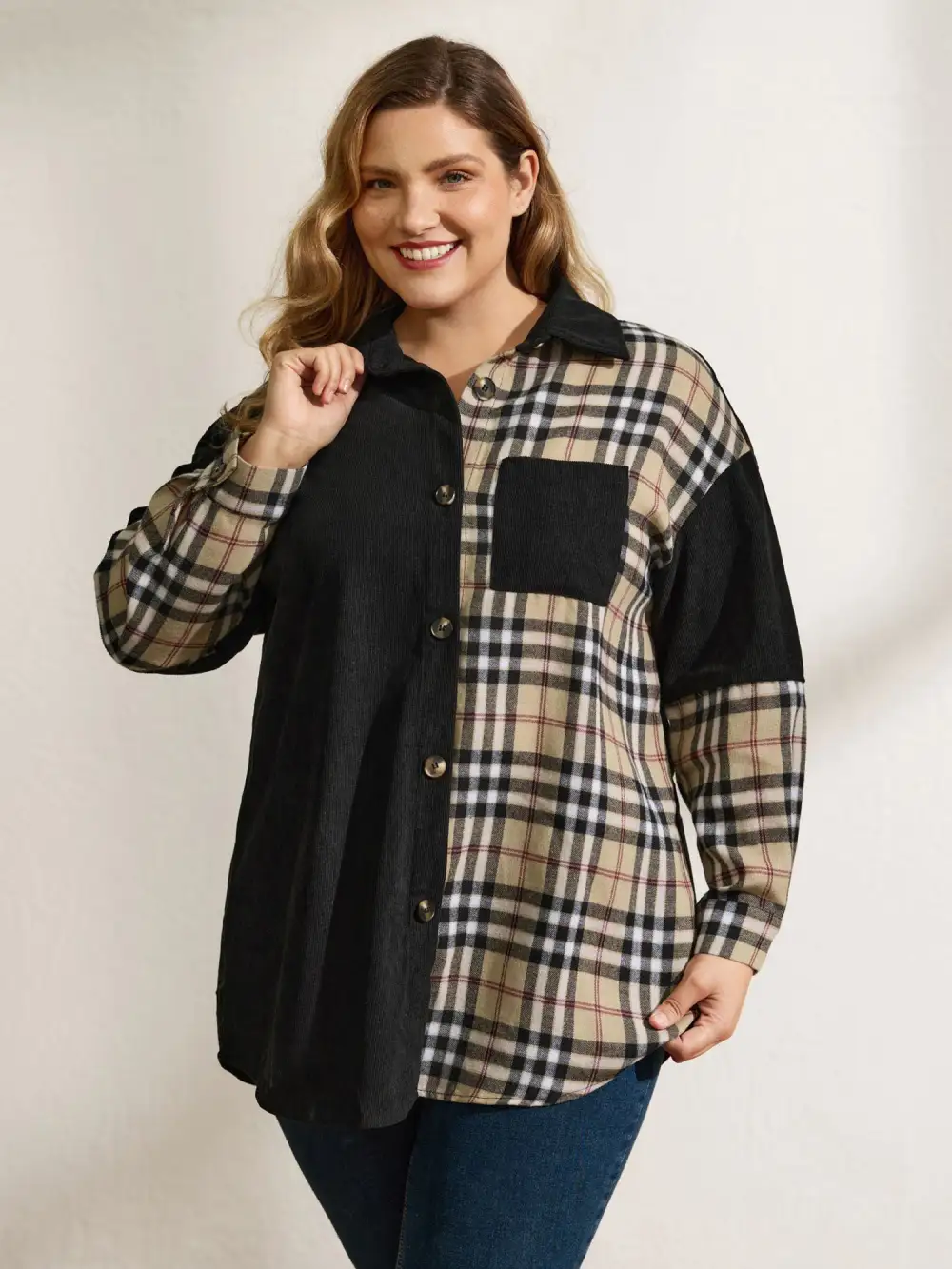 Corduroy Plaid Print Contrast Jacket