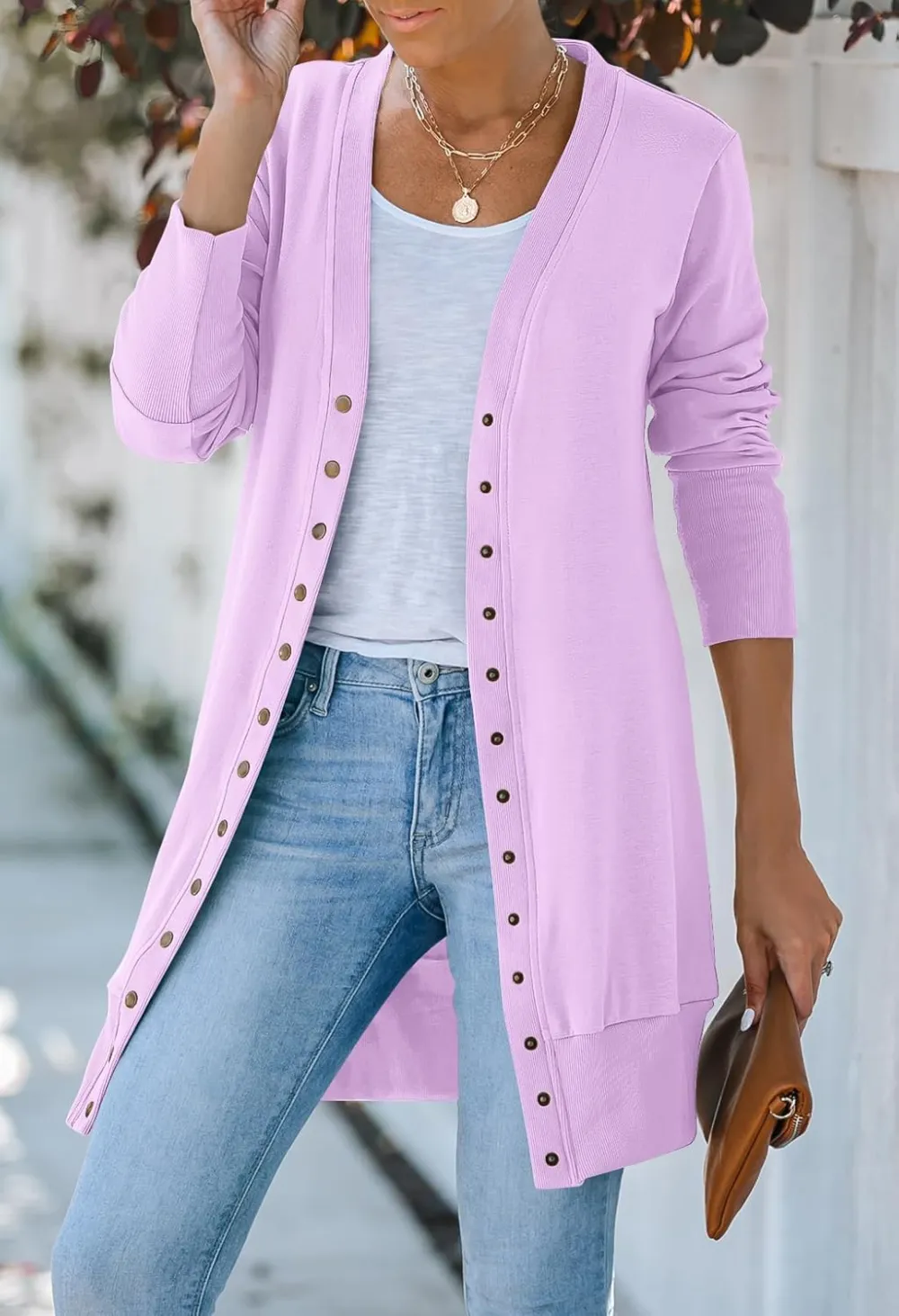 Women's 2024 Fall Long Sleeve Snap Button Down Solid Color Knit Ribbed Neckline Cardigans
