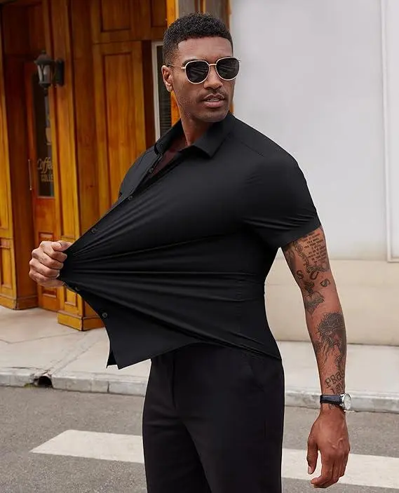 Stretch Dress Shirts for Men Short Sleeve Slim Fit Casual Button Down Shirts Muscle Fit Men's Dress Shirts