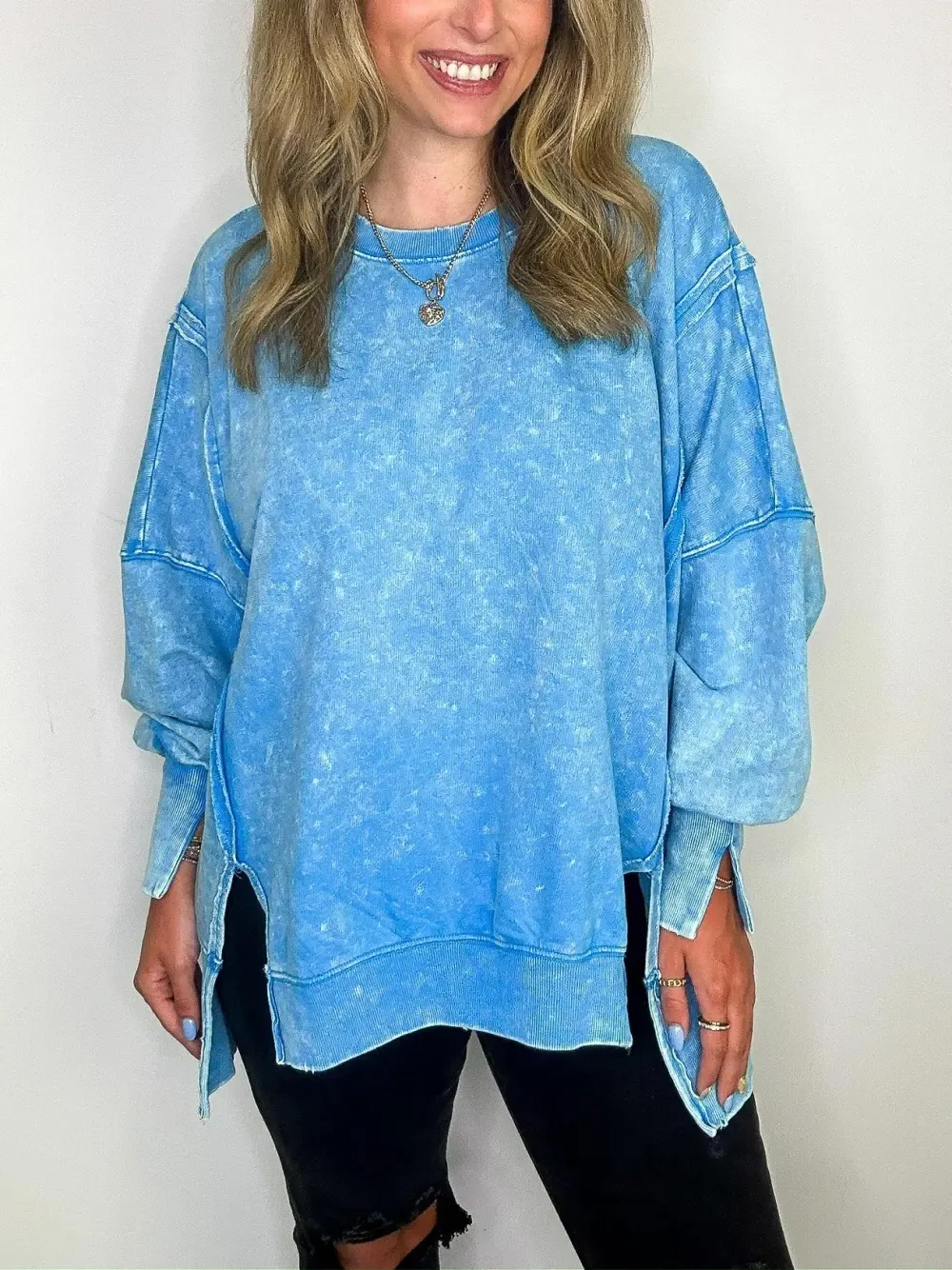 ✨Womens Acid Wash Split Cuff Oversized Crew Pullover