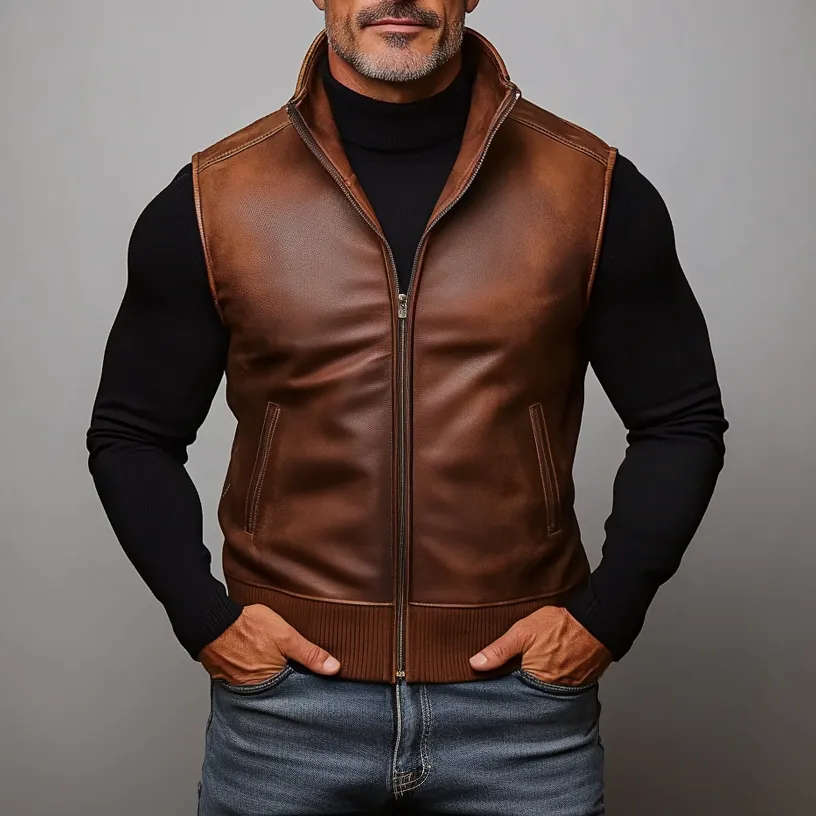 Men's PU Leather Stand Collar Slant Pocket Zip Up Vest