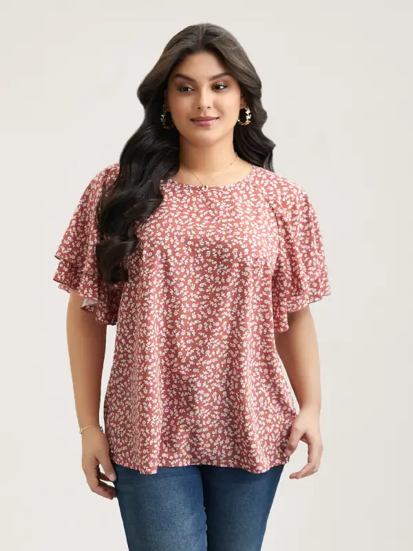 Ditsy Floral Print Tiered Lotus Leaf Sleeve Shirt