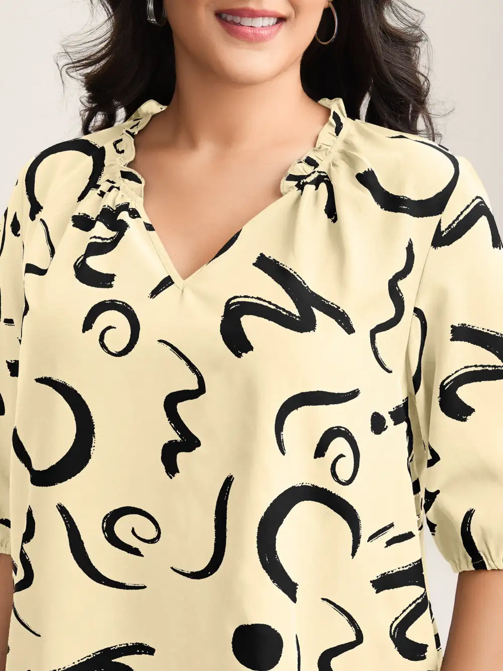 Scribble Print Ruffled Split Neck Blouse