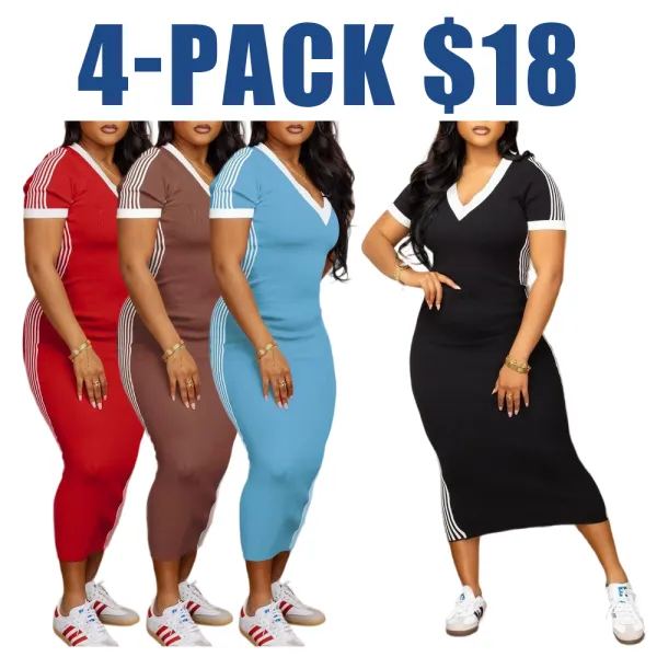 Women's Striped Trim V-Neck Short Sleeve Casual Summer Dress