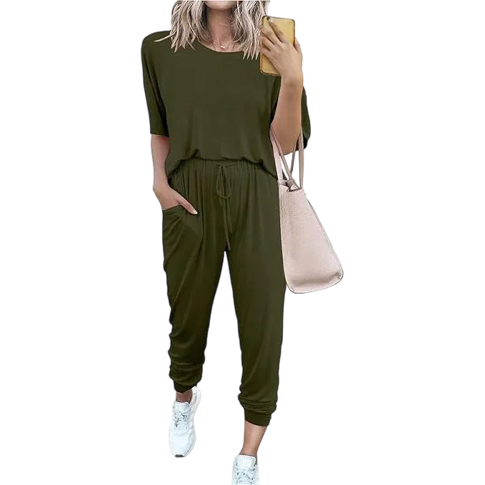 Women’s 2-Piece Summer Lounge Set, Short Sleeve Crew Neck Top & Drawstring Joggers with Pockets, Comfy Tracksuit