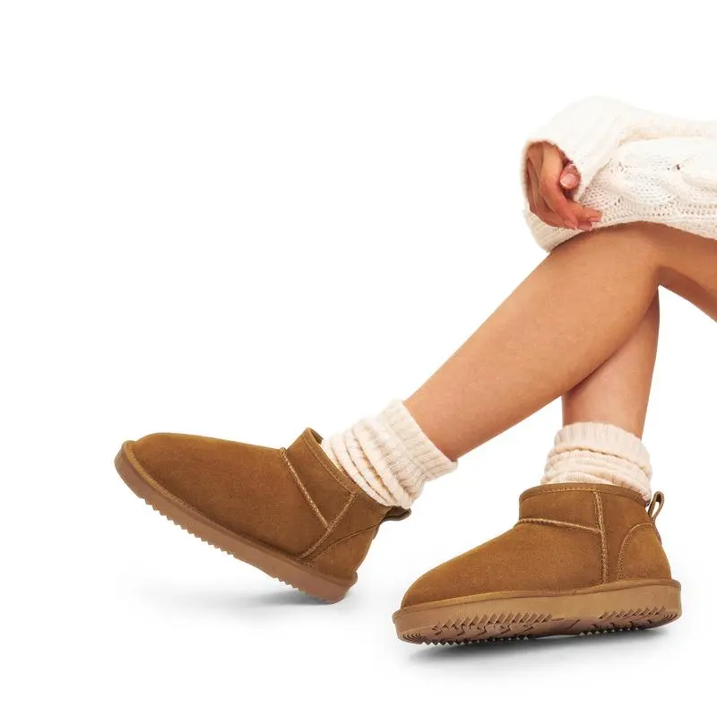 Women's Ankle Winter Mini Boots: Genuine Suede, Faux Fur Lining, Water Resistant, Warm, Slip On, Memory Foam, Fuzzy Classic