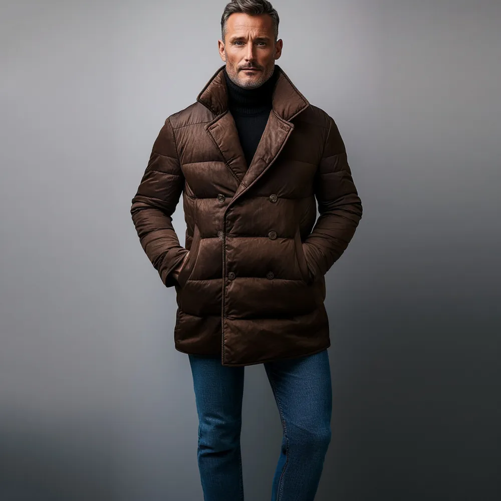 Men's Lapel Collar Double Breasted Pocket Cotton-Padded Coat