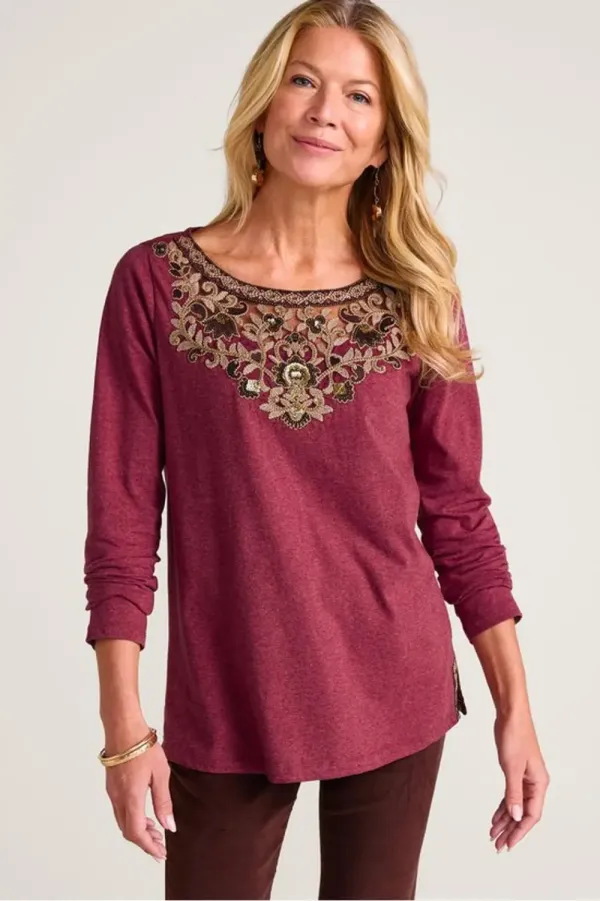 Embroidered Gleam Long Sleeve Knit Top