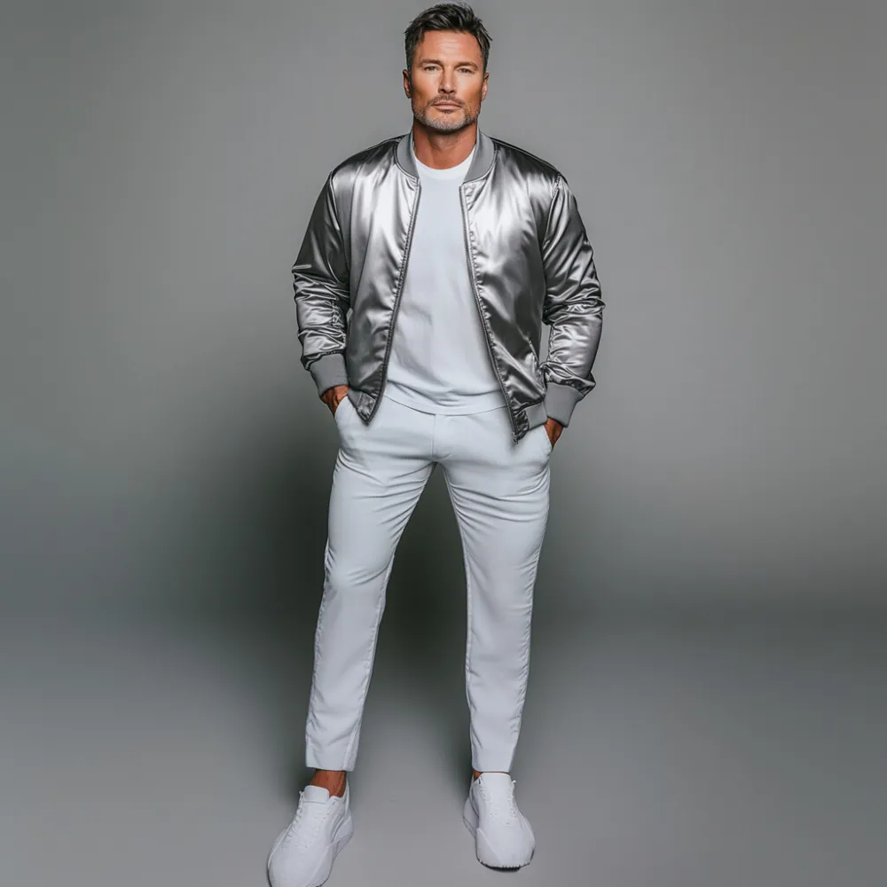 Men's Satin Stand Collar Long Sleeve Zip Up Bomber Jacket