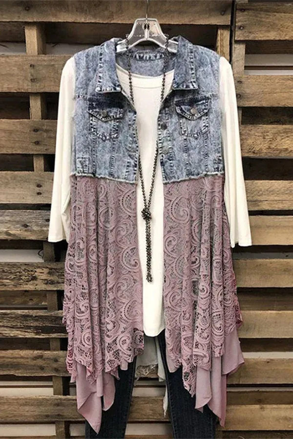 Denim Tank Top Lace Hem Dress