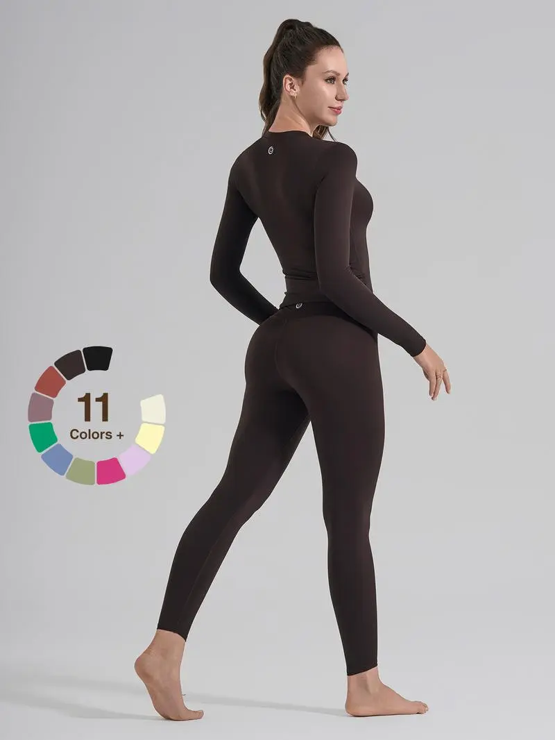 Women's Solid Long Sleeve Tee & High Waist Leggings Sportswear Set