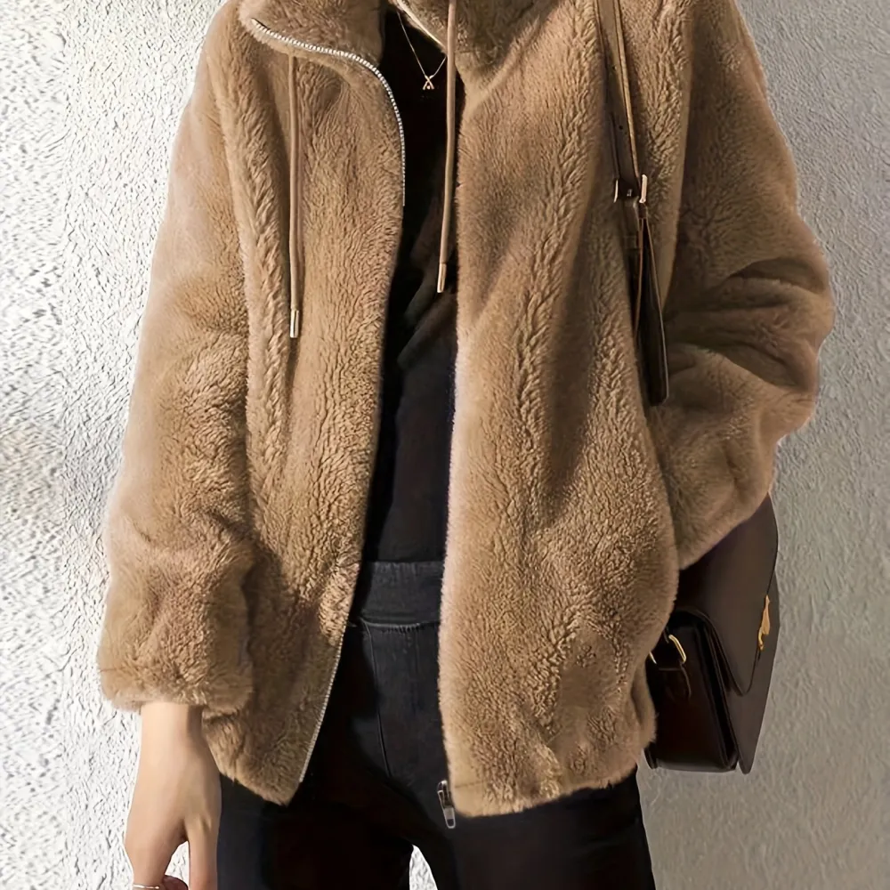 Furry Teddy Drawstring Coat - Women's Fur Outerwear, Casual Long Sleeve Zip Up Warm Jacket with Soft Plush Lining, Perfect for Winter Daily Wear