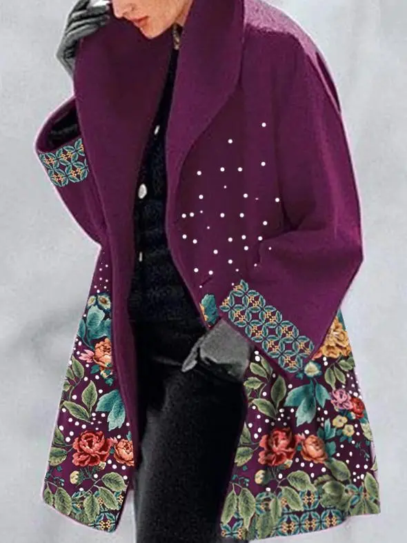 Round neck loose print hooded wool coat