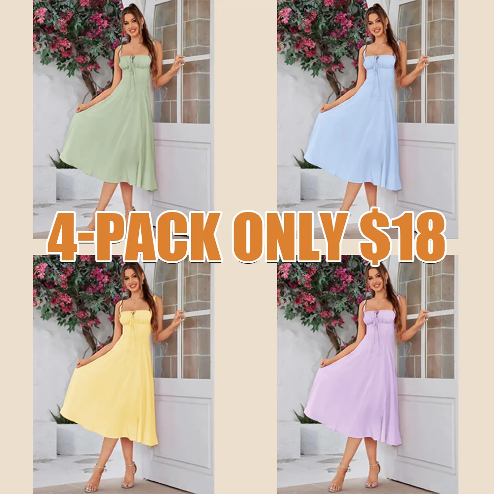 Women's Plain Dress, Lace Up Dress, Party Dress, Tie Front Dress, Elegant Square Neck Midi Dress