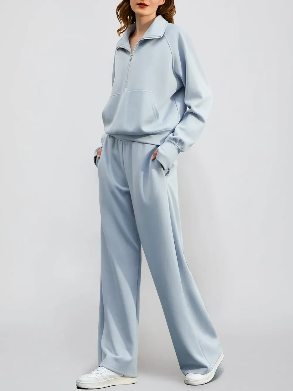 Women's Oversized Half Zip Wide Leg 2 Piece Outfits Lounge Set