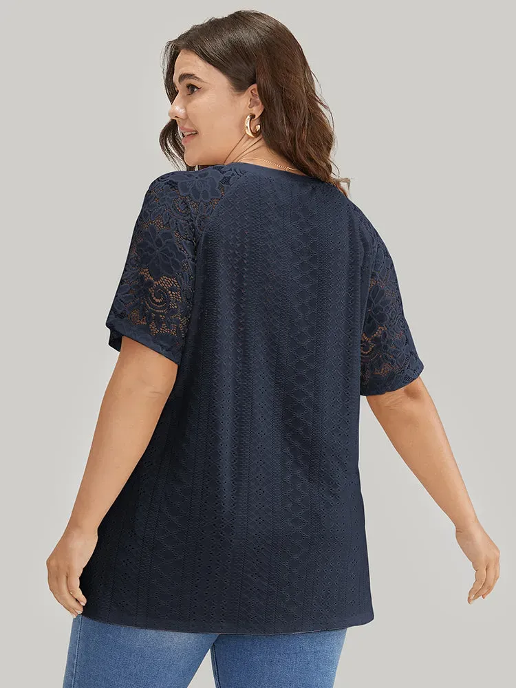 Solid Broderie Anglaise Lace Raglan Sleeve T-shirt