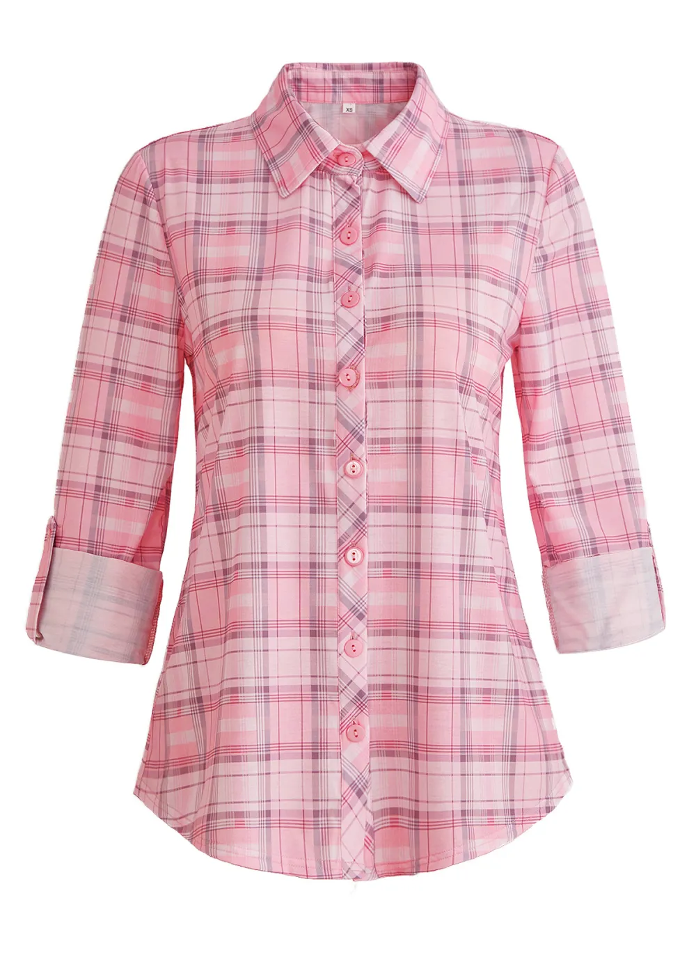 Pink Button Plaid Long Sleeve Shirt Collar Blouse