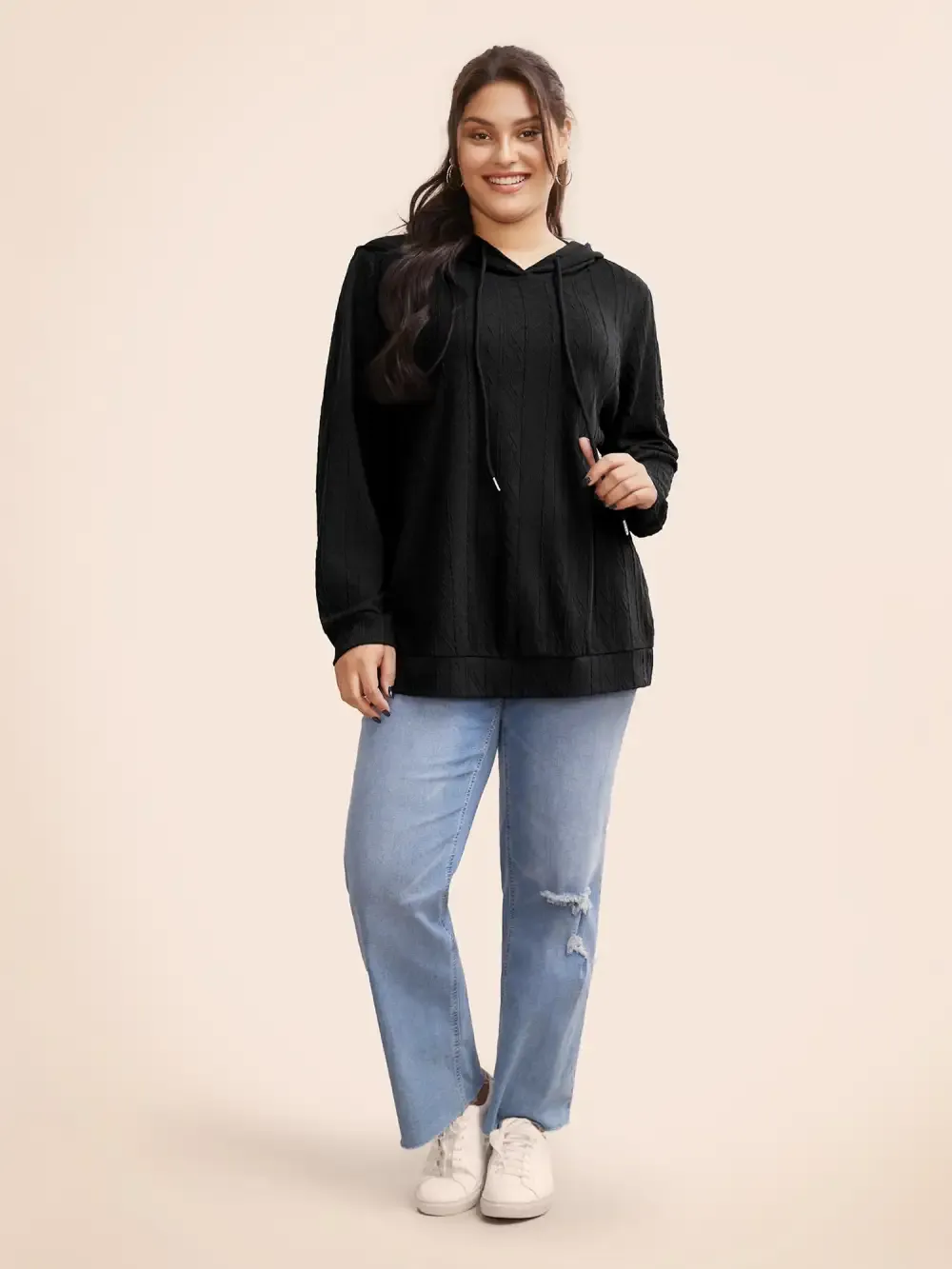 Plain Textured Hooded Drawstring Sweatshirt