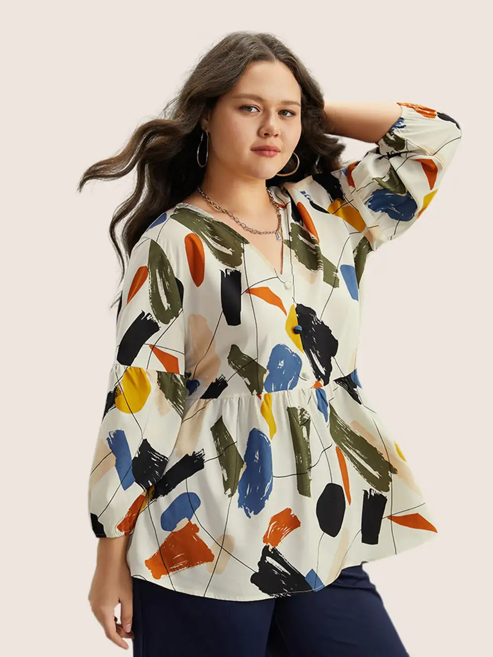 Brush Print Button Detail Elastic Cuffs Blouse