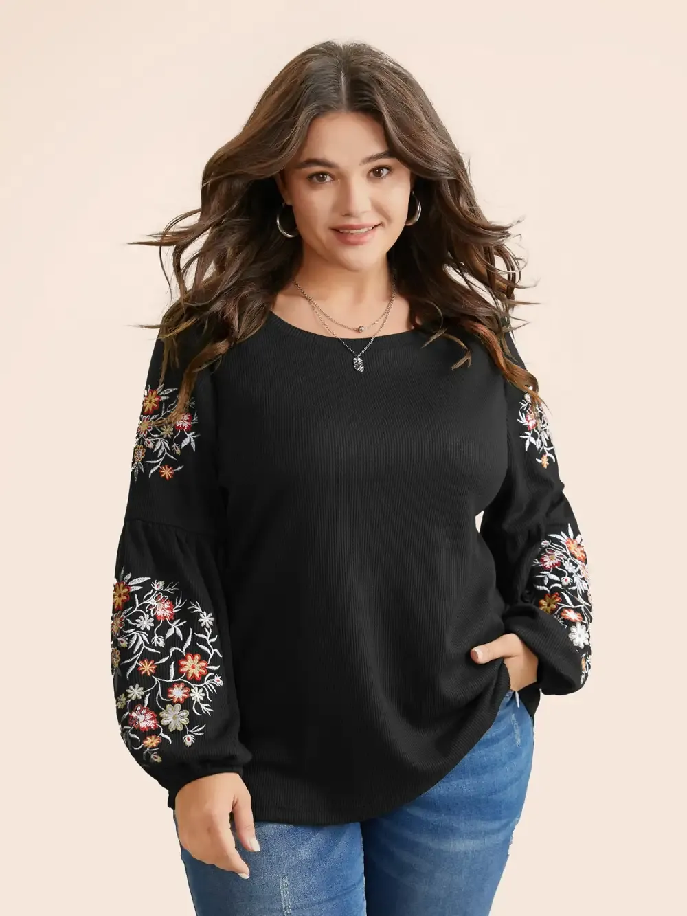 Waffle Knit Floral Embroidered Lantern Sleeve T-Shirt