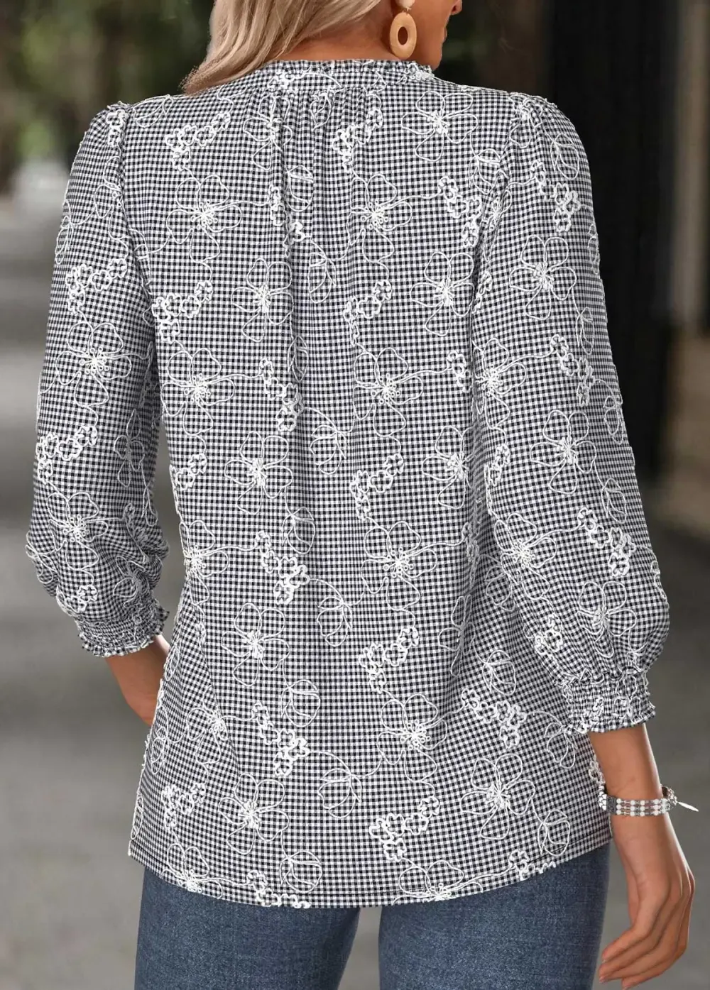 Black Tummy Coverage Plaid Long Sleeve V Neck Blouse