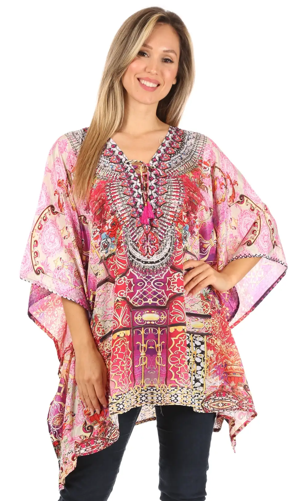 Women's Caftan Poncho Cover up V neck Top Lace up With Rhinestone